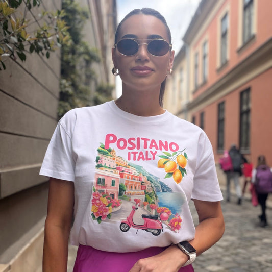 Tricou dama oversize din bumbac 100% Travel cu imprimeu POSITANO