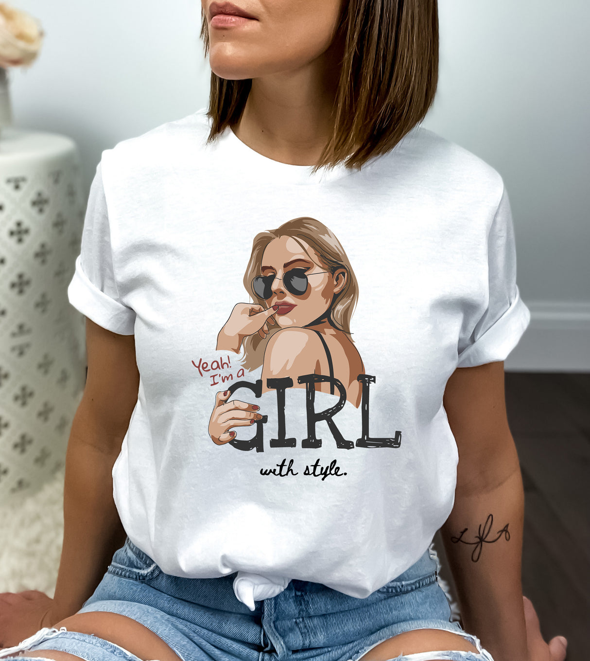 Tricou de dama oversize din bumbac 100% Fashion cu imprimeu GIRL WITH STYLE