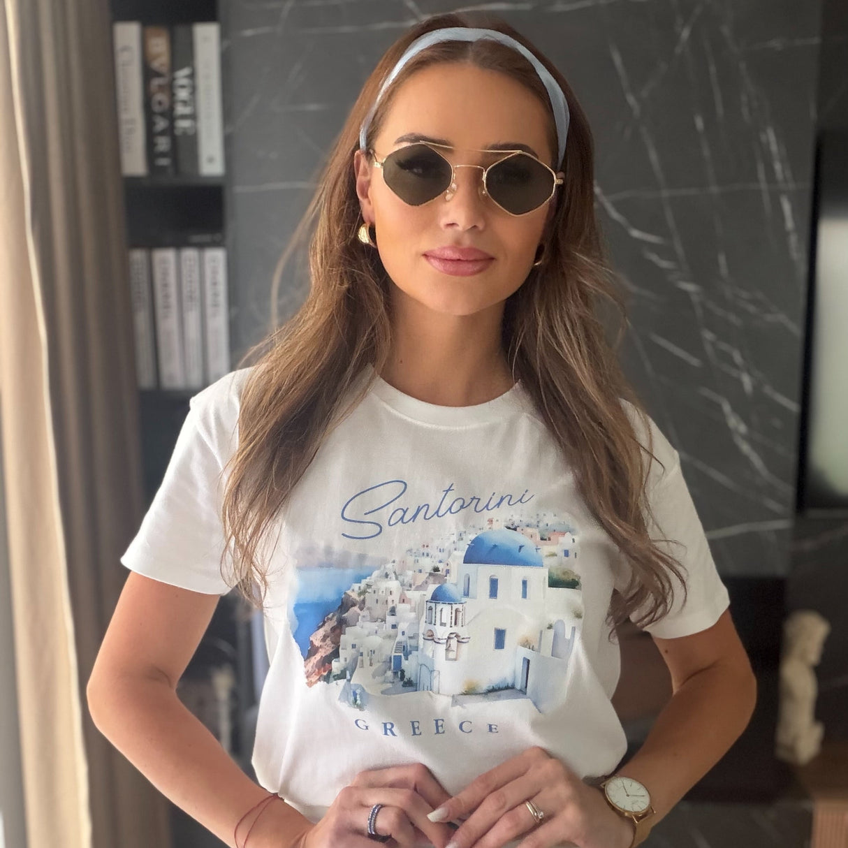 Tricou dama oversize din bumbac 100% Travel cu imprimeu SANTORINI