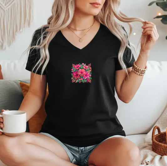 Tricou dama din bumbac 100% cu guler in V imprimeu LEOFLOWERS