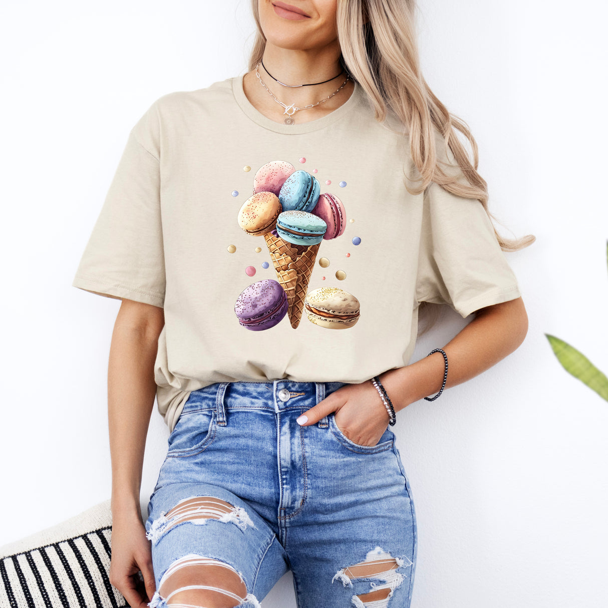 Tricou de dama oversize din bumbac 100% cu imprimeu MACARONS ICECREAM