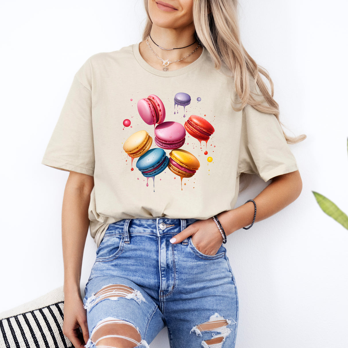 Tricou de dama oversize din bumbac 100% cu imprimeu MACARONS