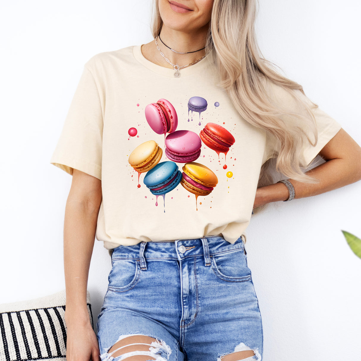Tricou de dama oversize din bumbac 100% cu imprimeu MACARONS