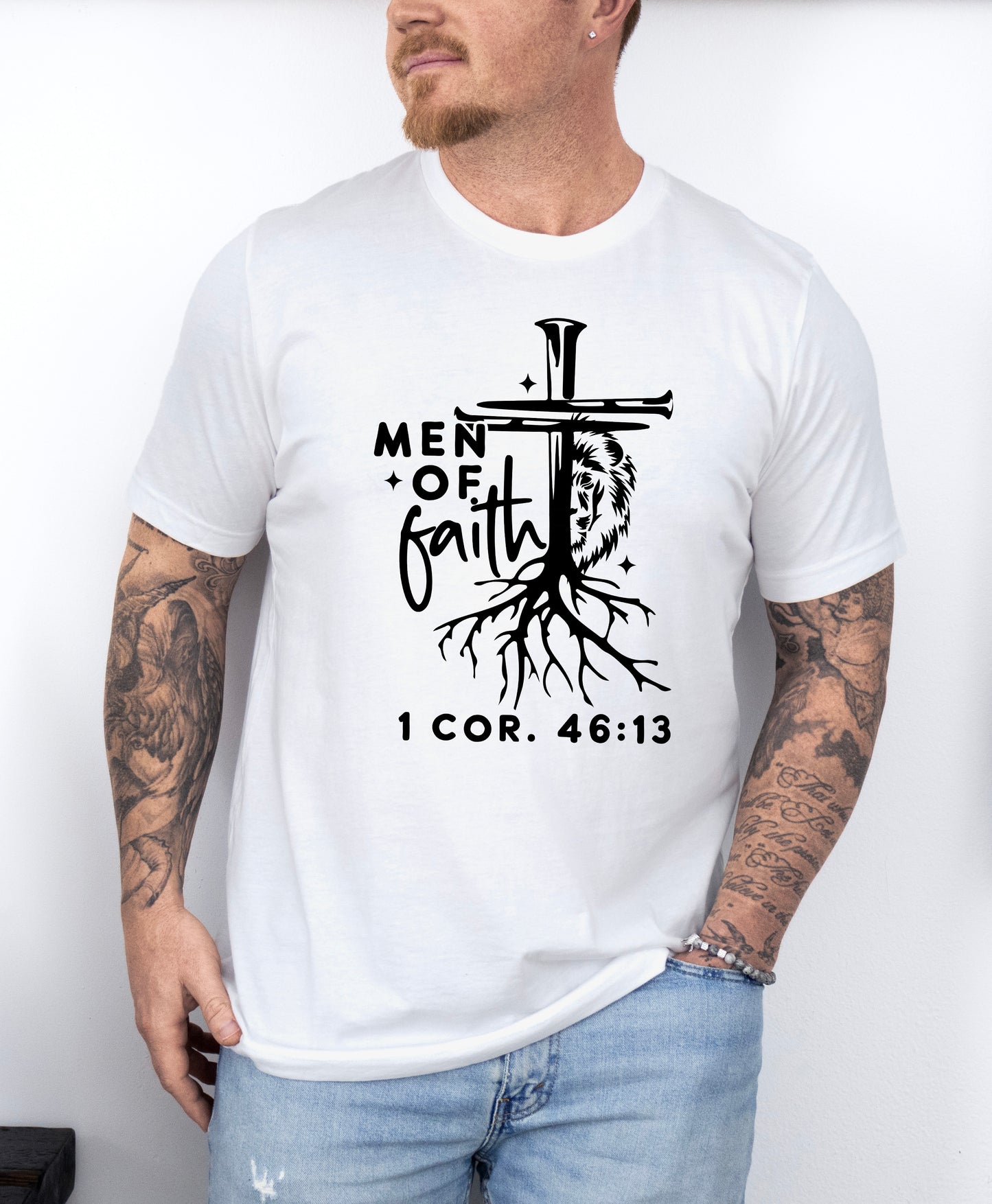 Tricou barbatesc din bumbac 100% regular fit cu mesaj MEN OF FAITH