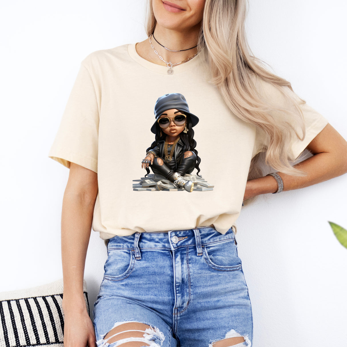 Tricou dama oversize din bumbac 100% Urban cu imprimeu MONEY GIRL