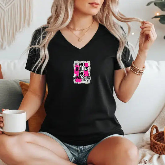 Tricou dama din bumbac 100% cu guler in V imprimeu NO RULES
