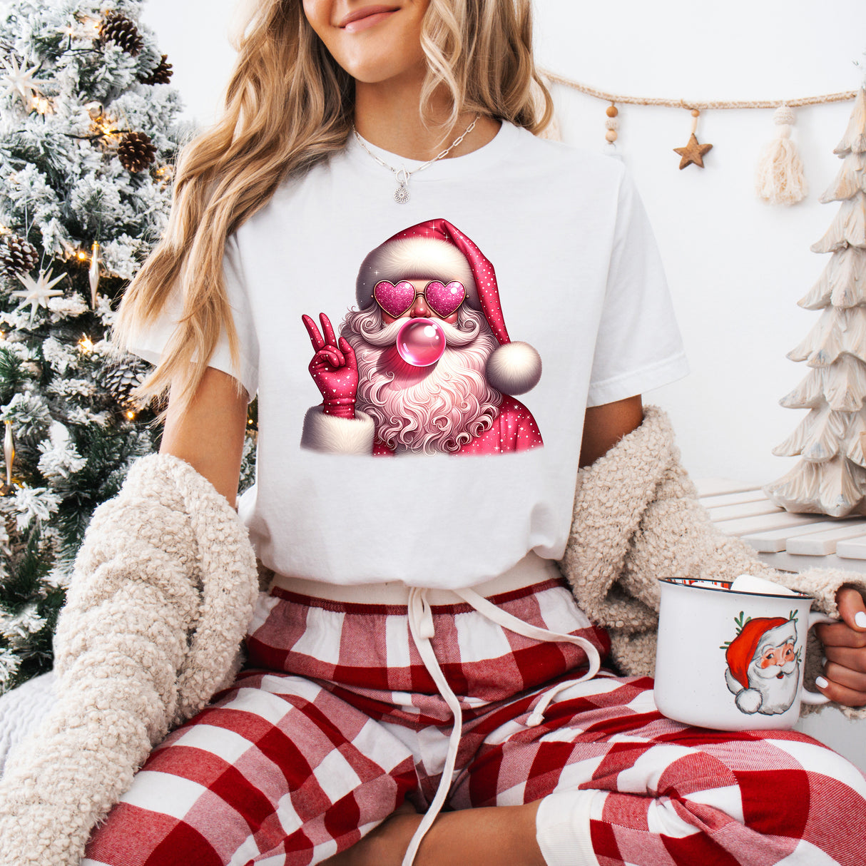 Tricou de dama oversize din bumbac 100% de Craciun PINK SANTA