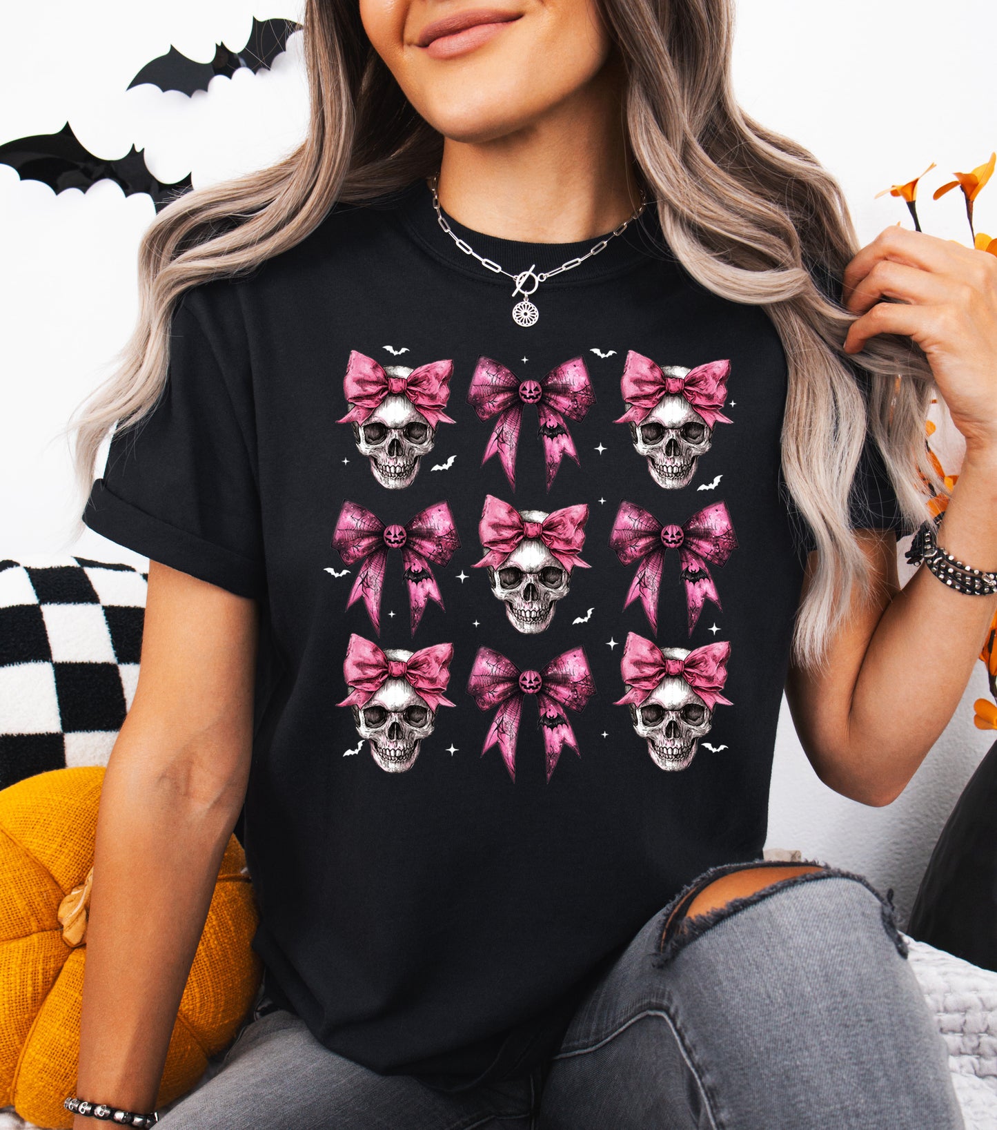 Tricou de dama oversize din bumbac 100% de Halloween PINK SKULL