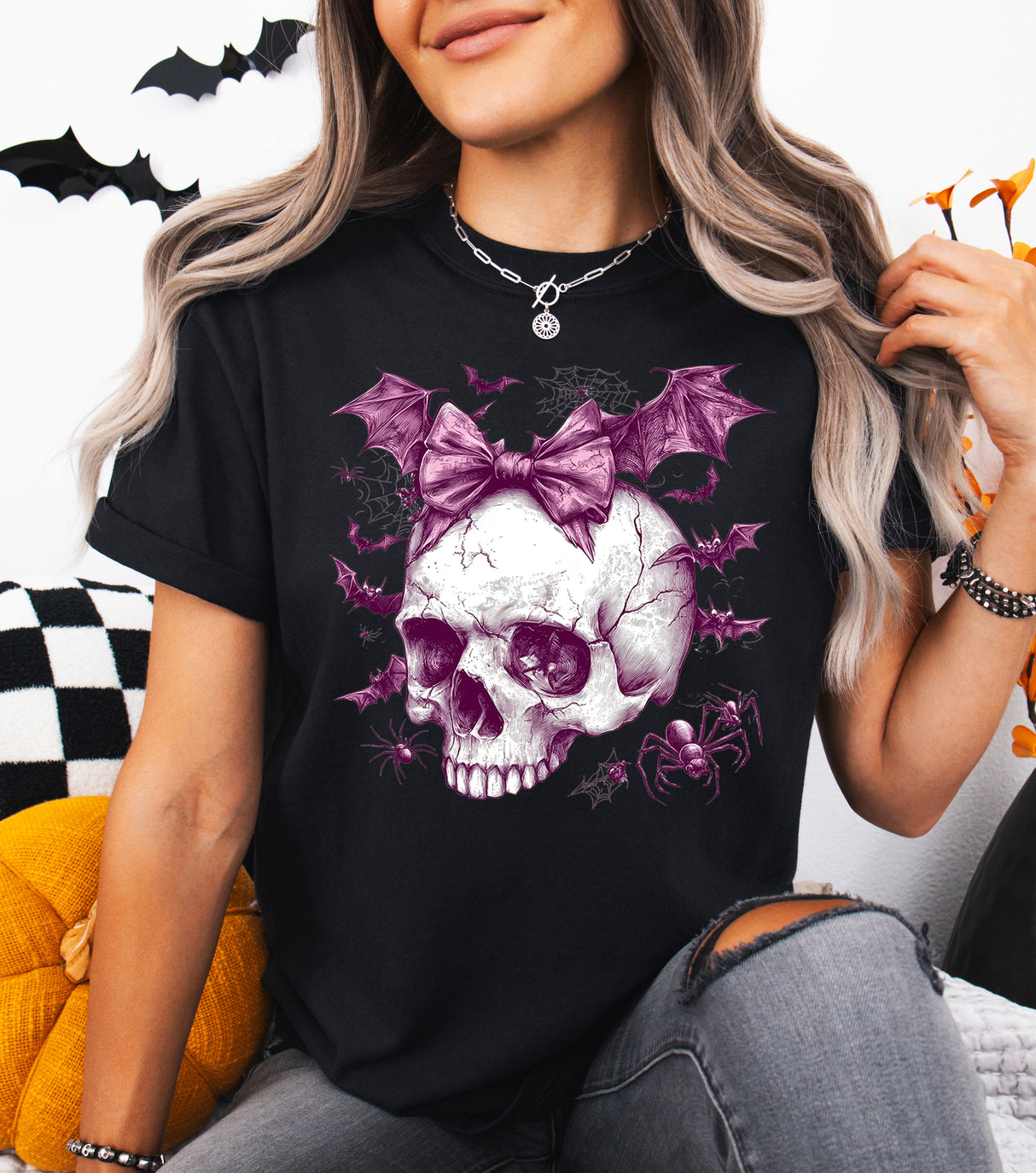 Tricou de dama oversize din bumbac 100% de Halloween BAT SKULL