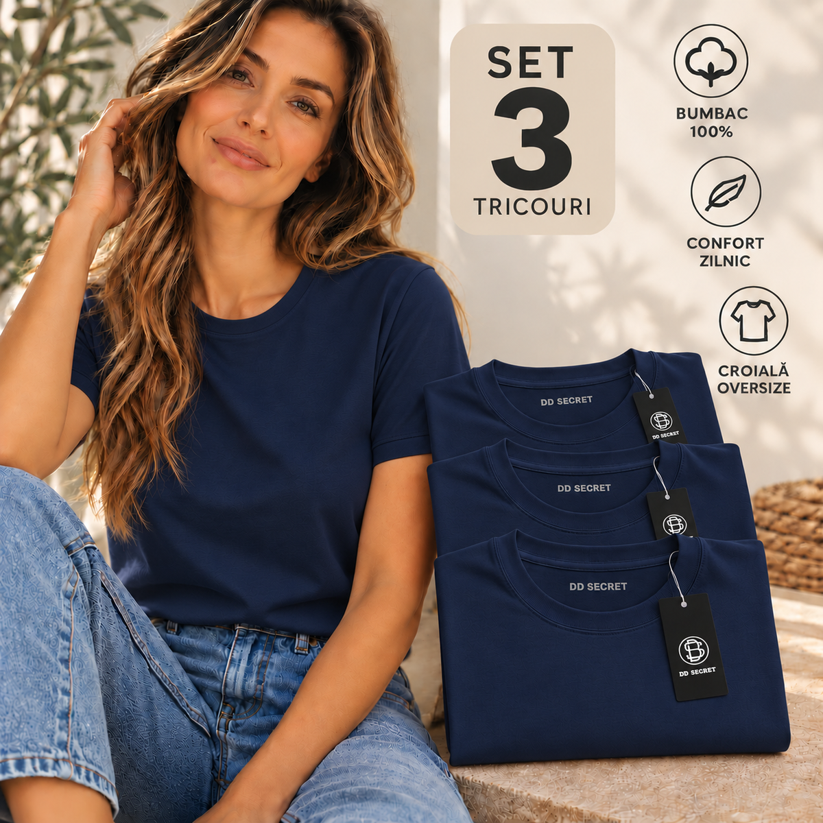 Set 3 tricouri dama oversize din bumbac 100% simple bleumarin