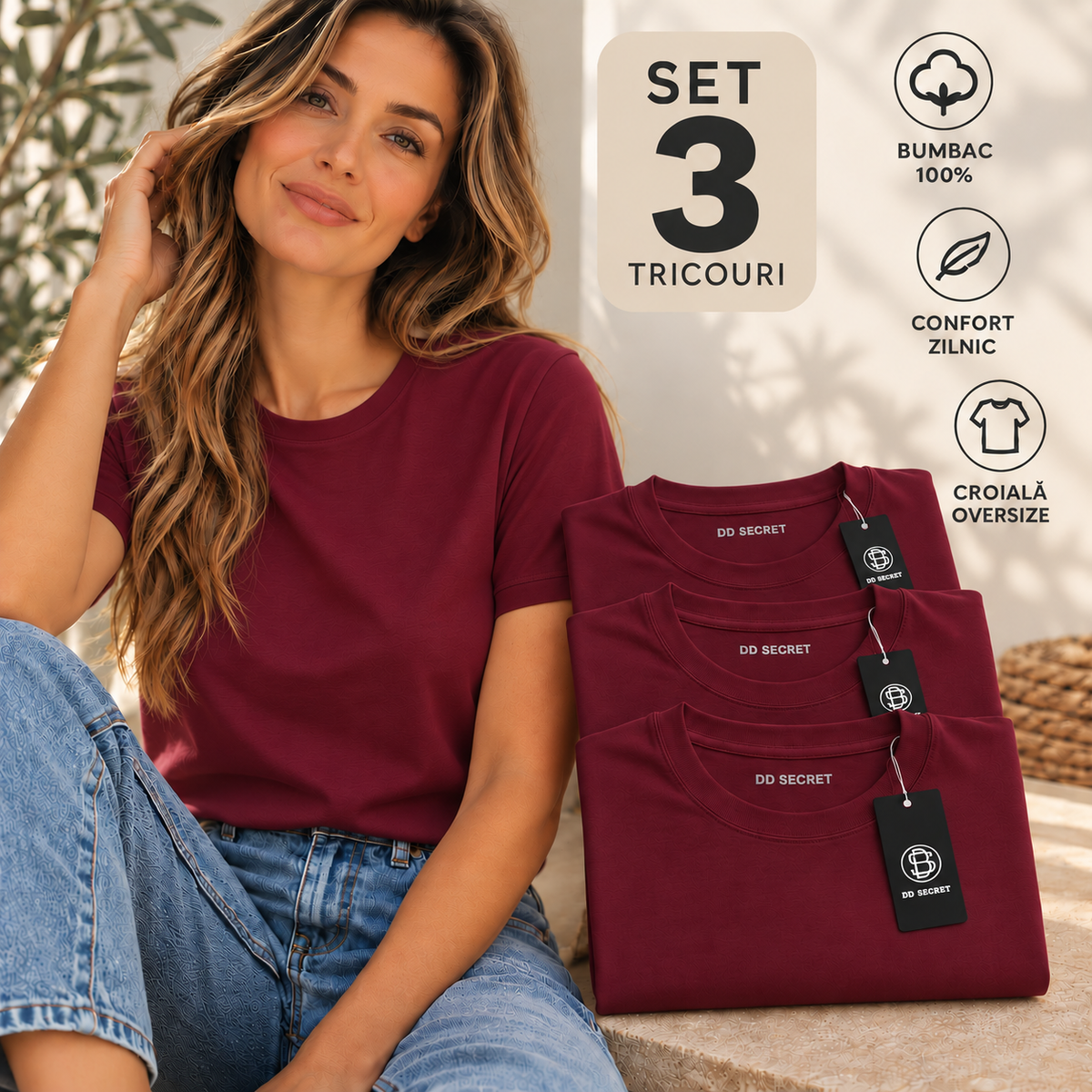 Set 3 tricouri dama oversize din bumbac 100% simple burgundy