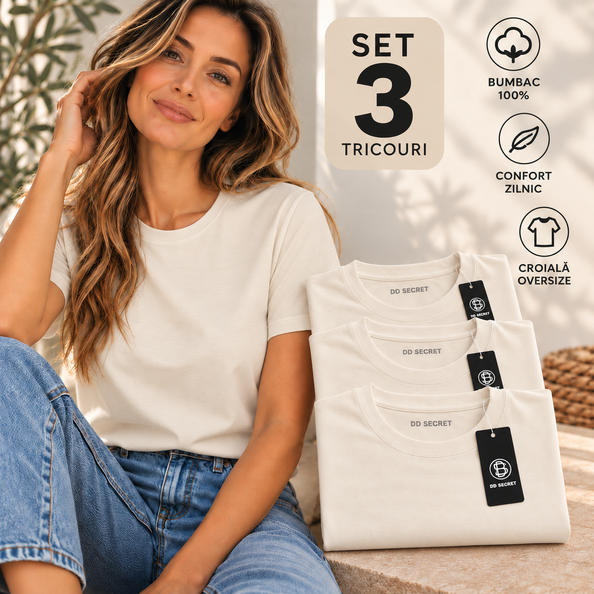 Set 3 tricouri dama oversize din bumbac 100% simple crem