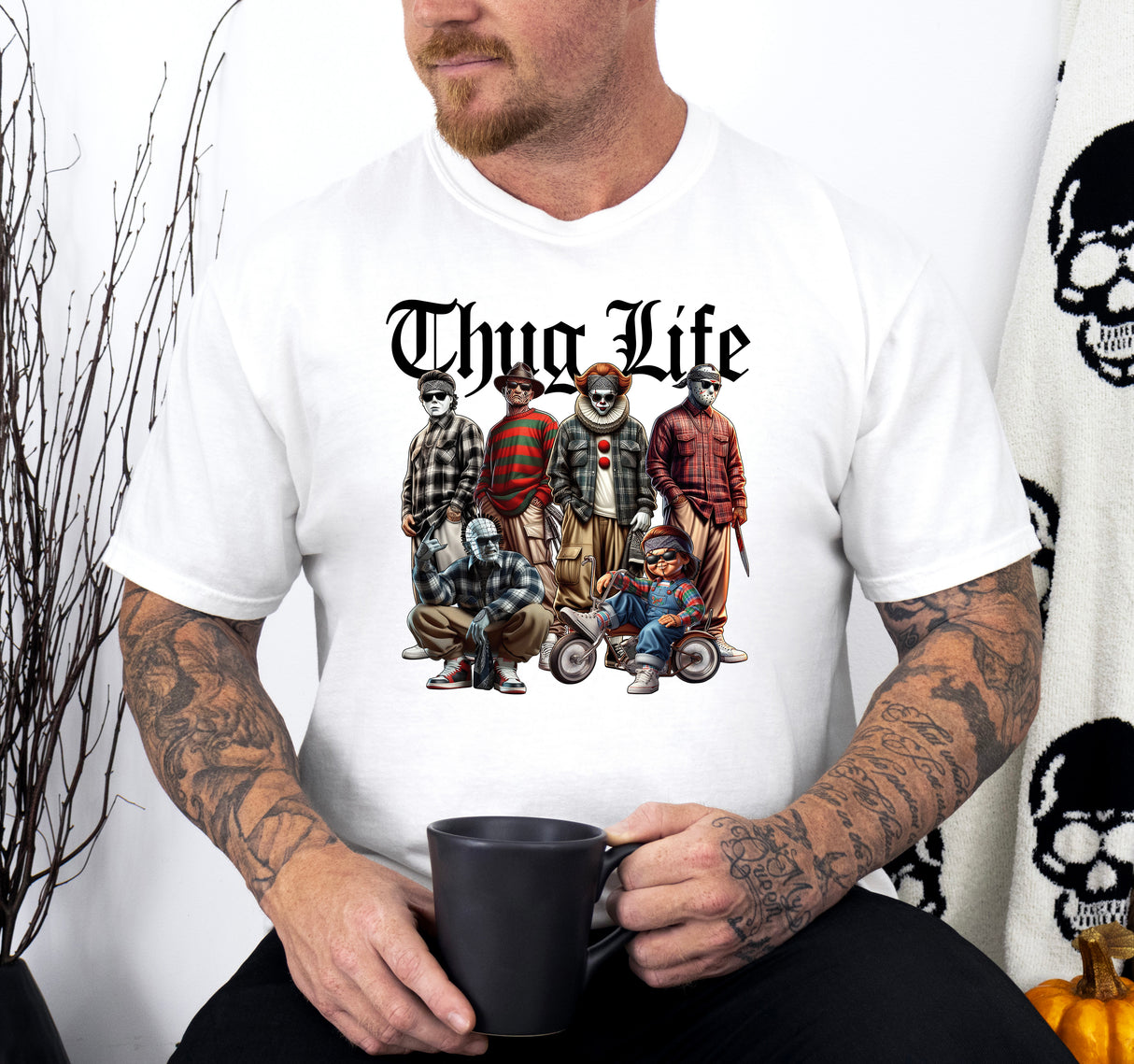 Tricou barbatesc din bumbac 100% regular fit Streetwear cu imprimeu THUG LIFE