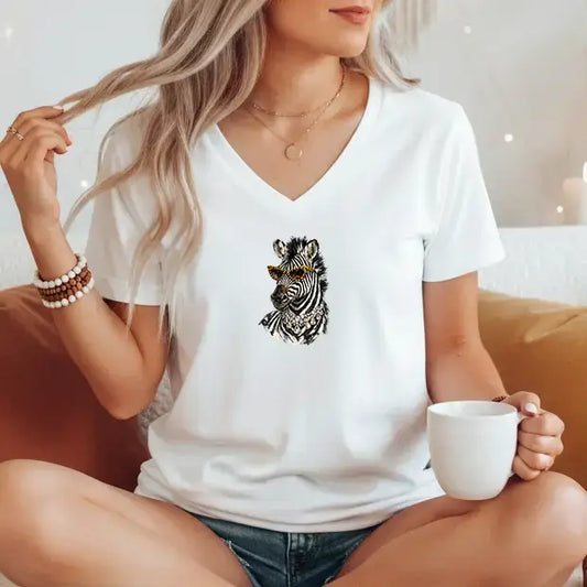 Tricou de dama din bumbac 100% cu guler in V imprimeu ZEBRA