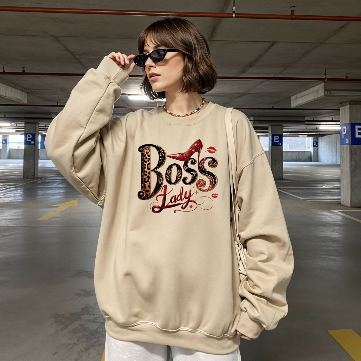Hanorac de dama oversize cu mesaj BOSS LADY