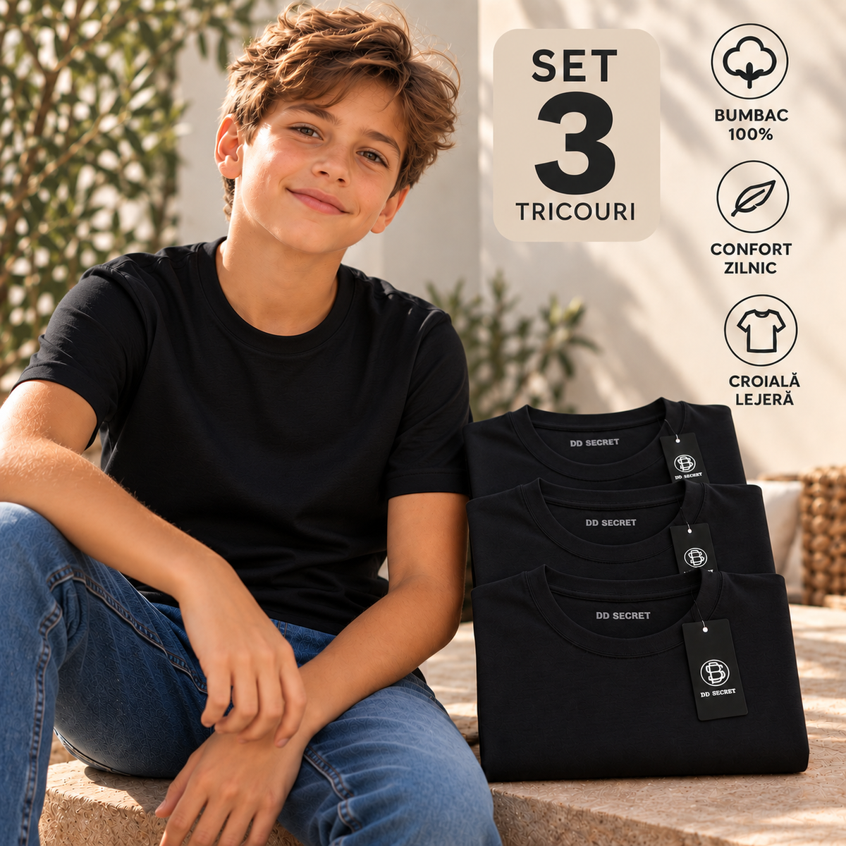 Set 3 tricouri baieti din bumbac 100% simple negre