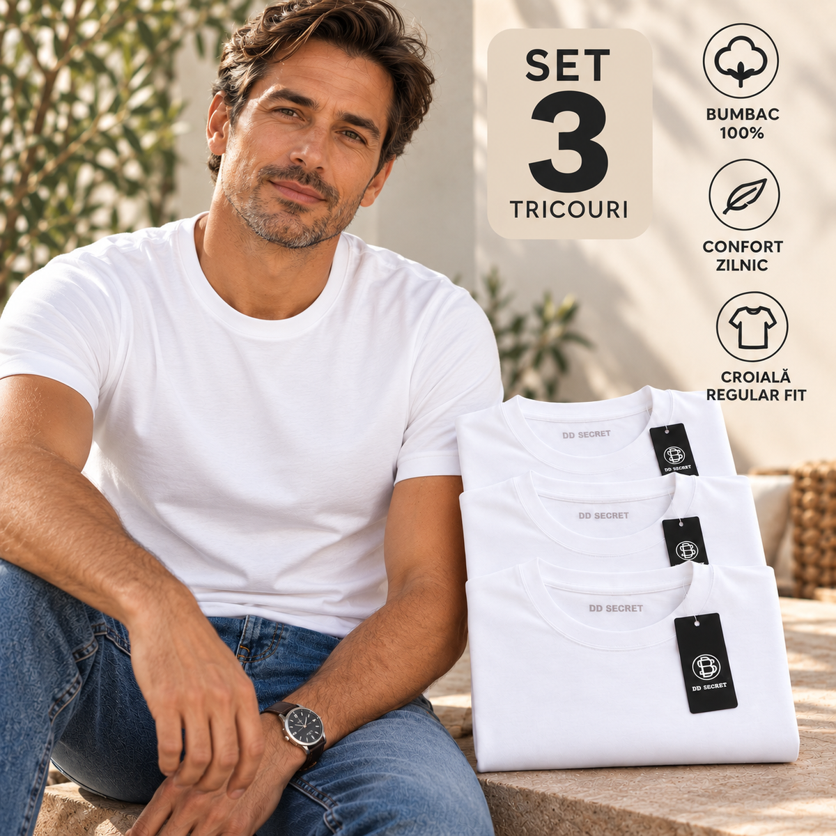 Set 3 tricouri barbati din bumbac 100% regular fit simple albe