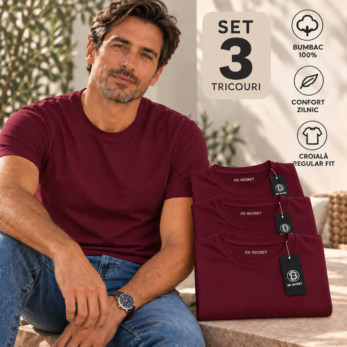 Set 3 tricouri barbati din bumbac 100% regular fit simple burgundy