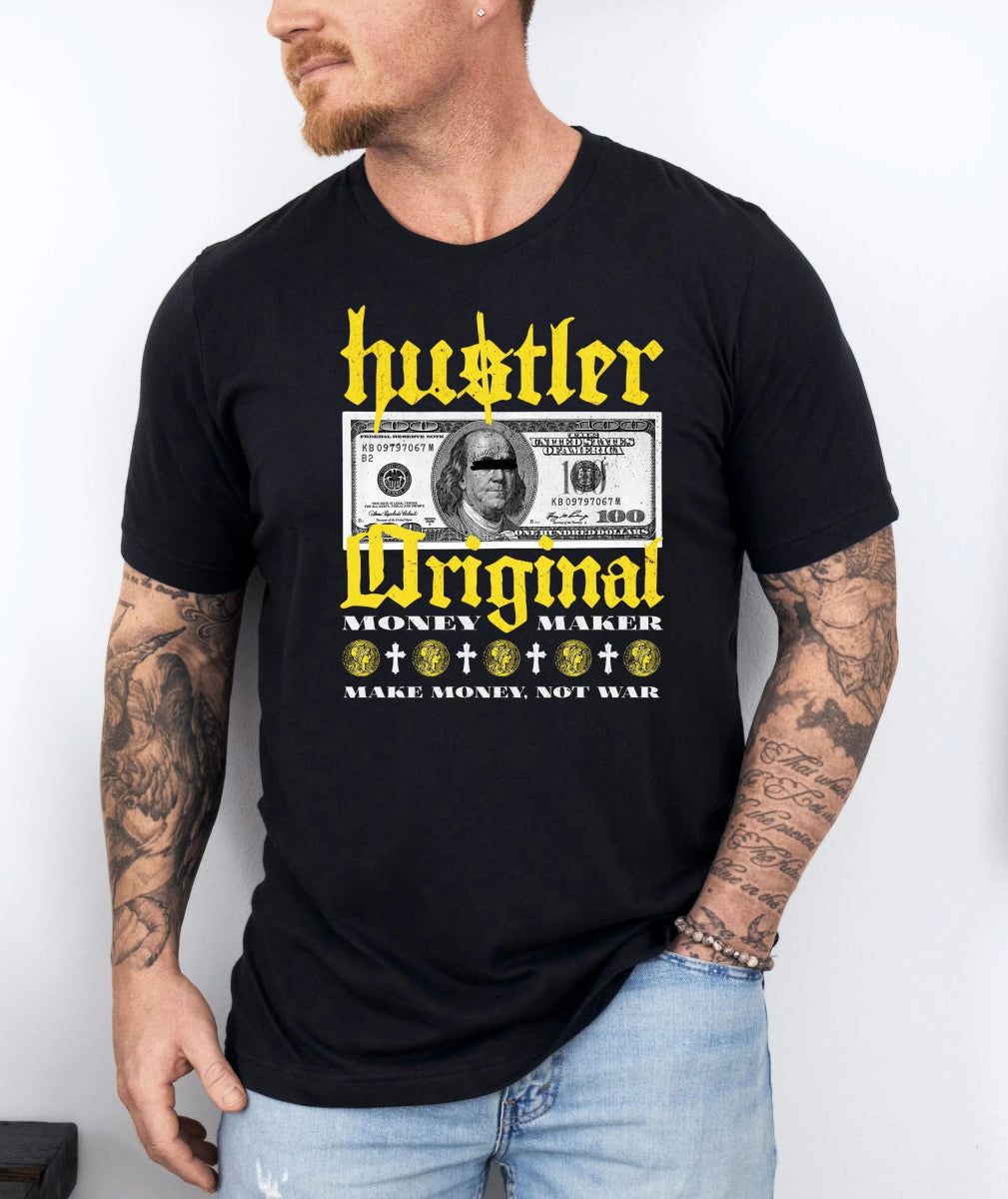 Tricou barbatesc din bumbac 100% regular fit cu mesaj HUSTLER - M / NEGRU