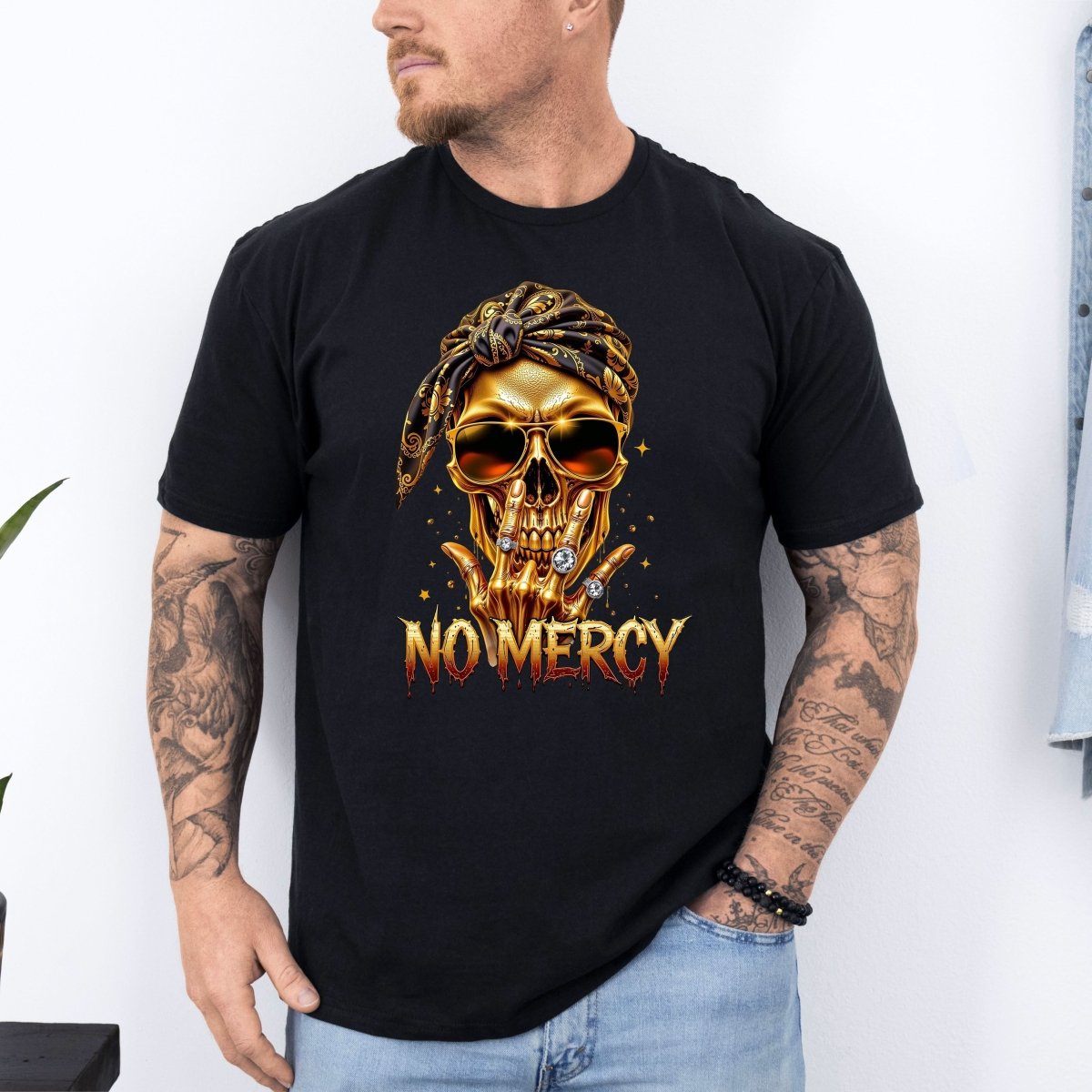 Tricou barbatesc din bumbac 100% regular fit Streetwear cu imprimeu NO MERCY - XXL / NEGRU