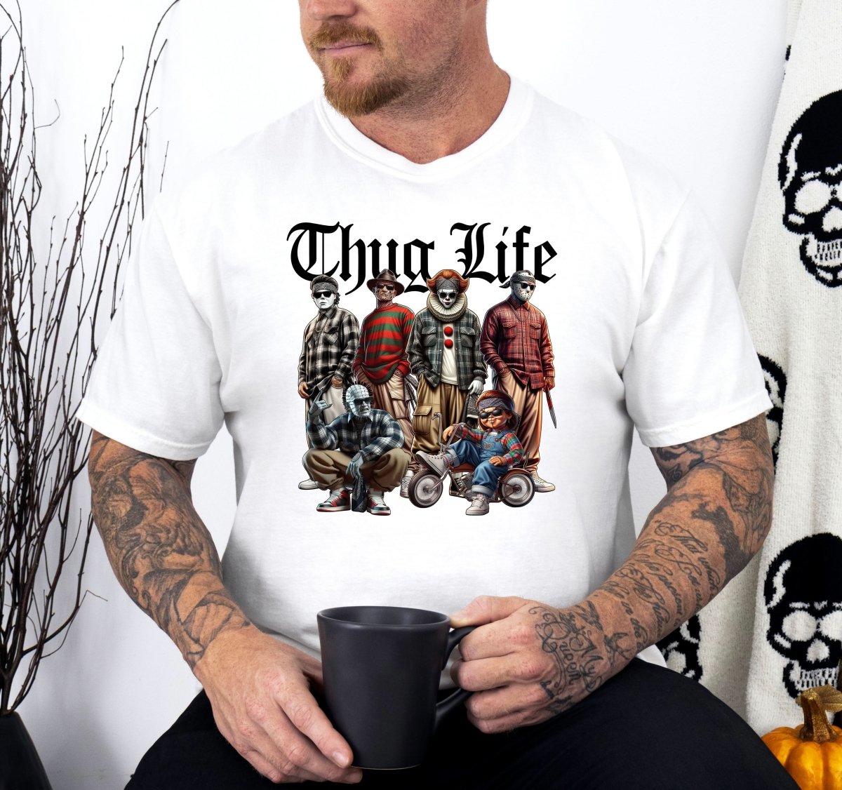 Tricou barbatesc din bumbac 100% regular fit Streetwear cu imprimeu THUG LIFE - L / ALB