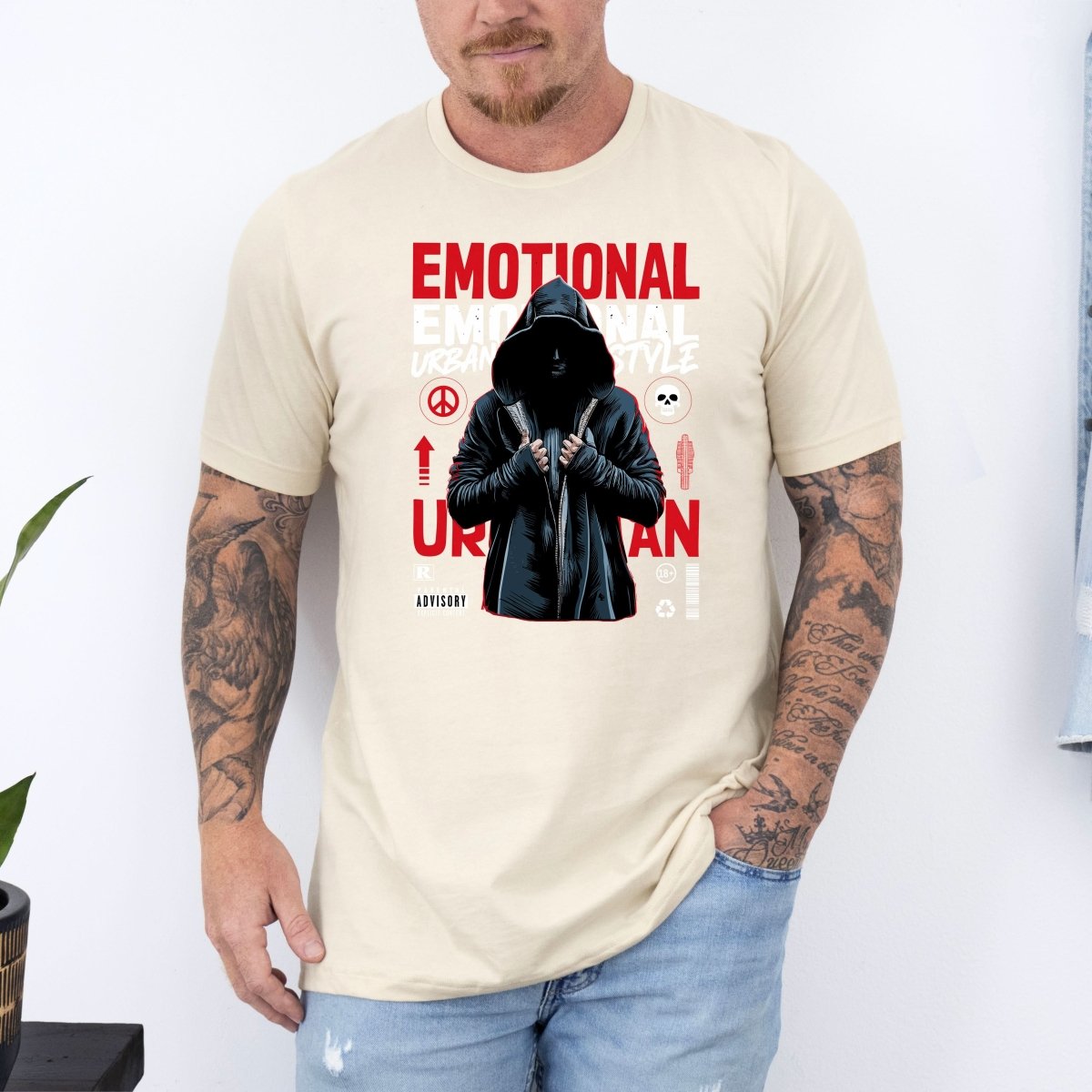 Tricou barbatesc din bumbac 100% regular fit Urban cu imprimeu EMOTIONAL - L / CREM