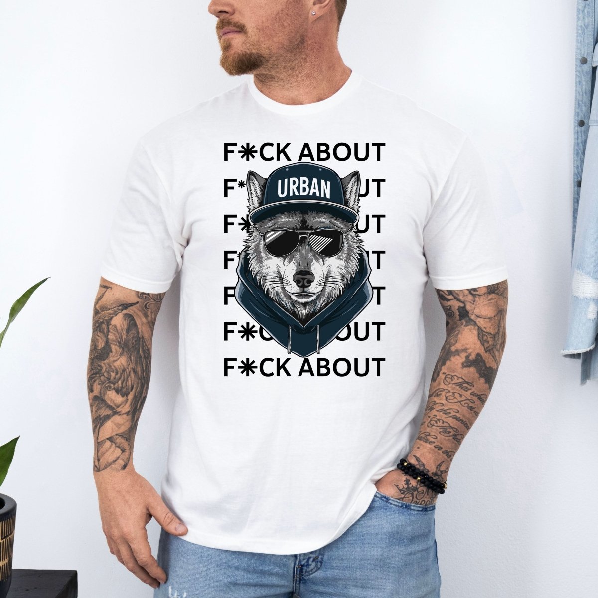 Tricou barbatesc din bumbac 100% regular fit Urban cu imprimeu WOLF - S / ALB