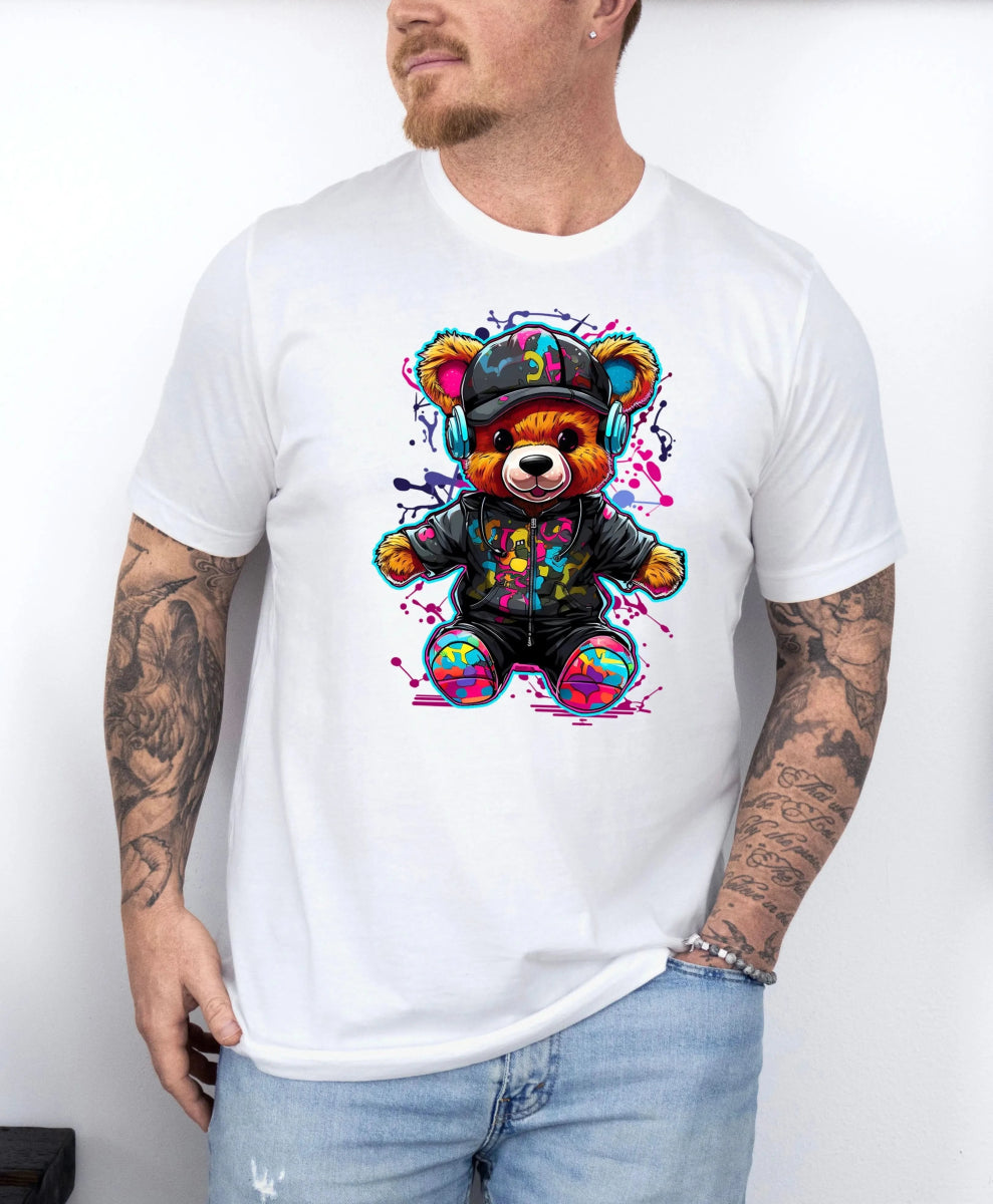 Tricou barbati din bumbac 100% regular fit cu ursulet MUSIC - S / ALB