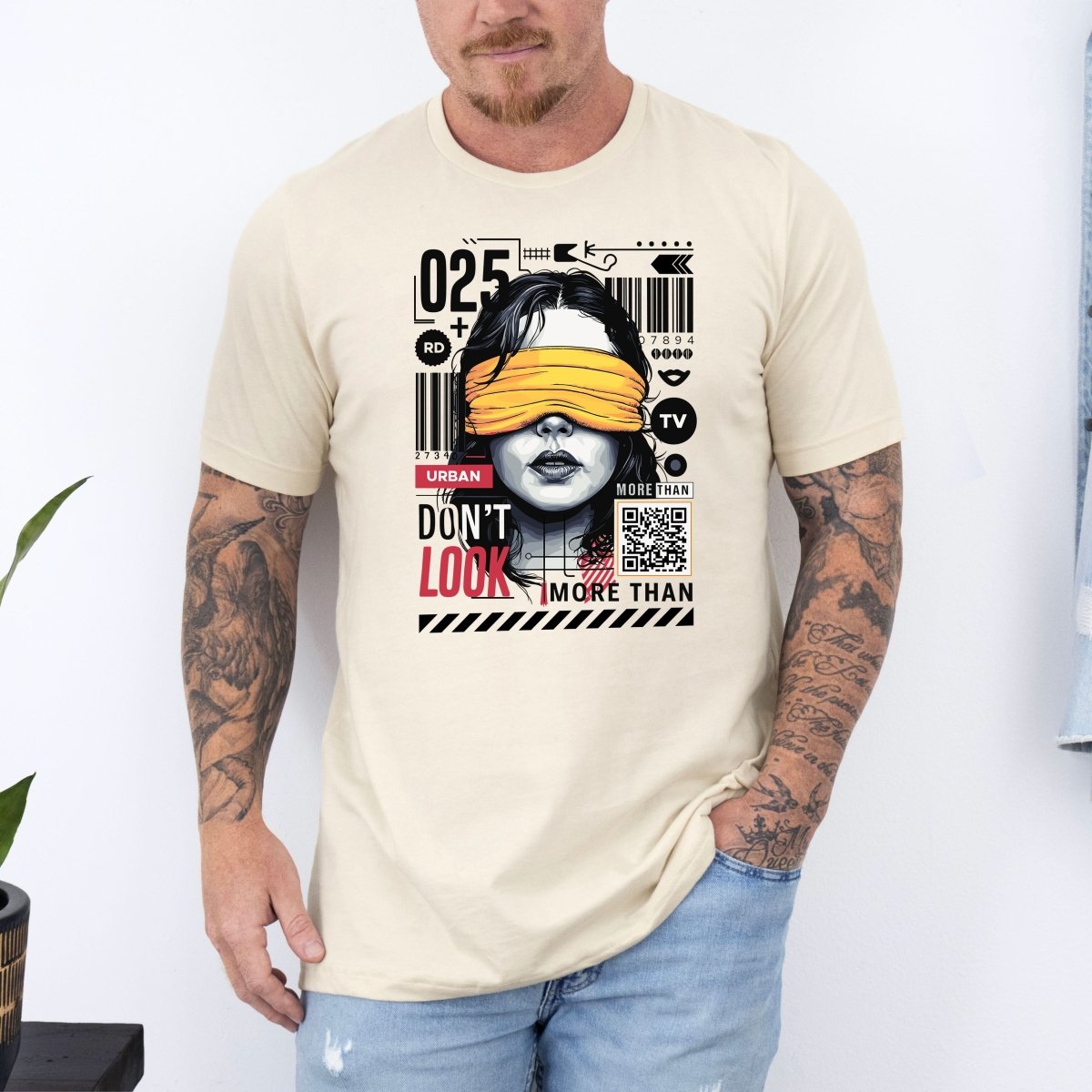 Tricou barbati din bumbac 100% regular fit Urban cu imprimeu DON'T LOOK - L / CREM