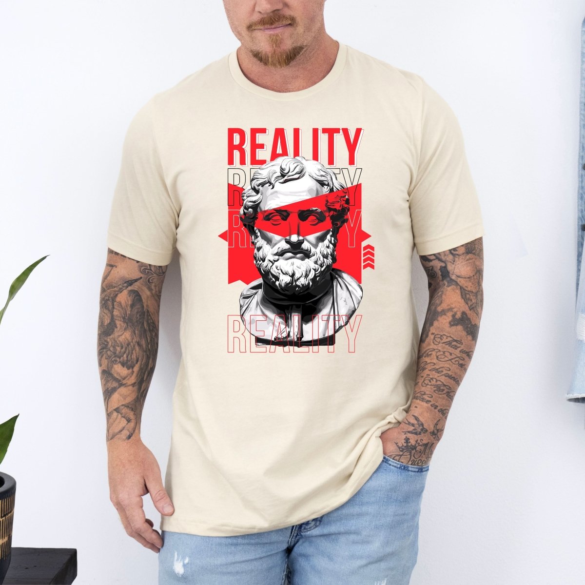Tricou barbati din bumbac 100% regular fit Urban cu imprimeu REALITY - L / CREM