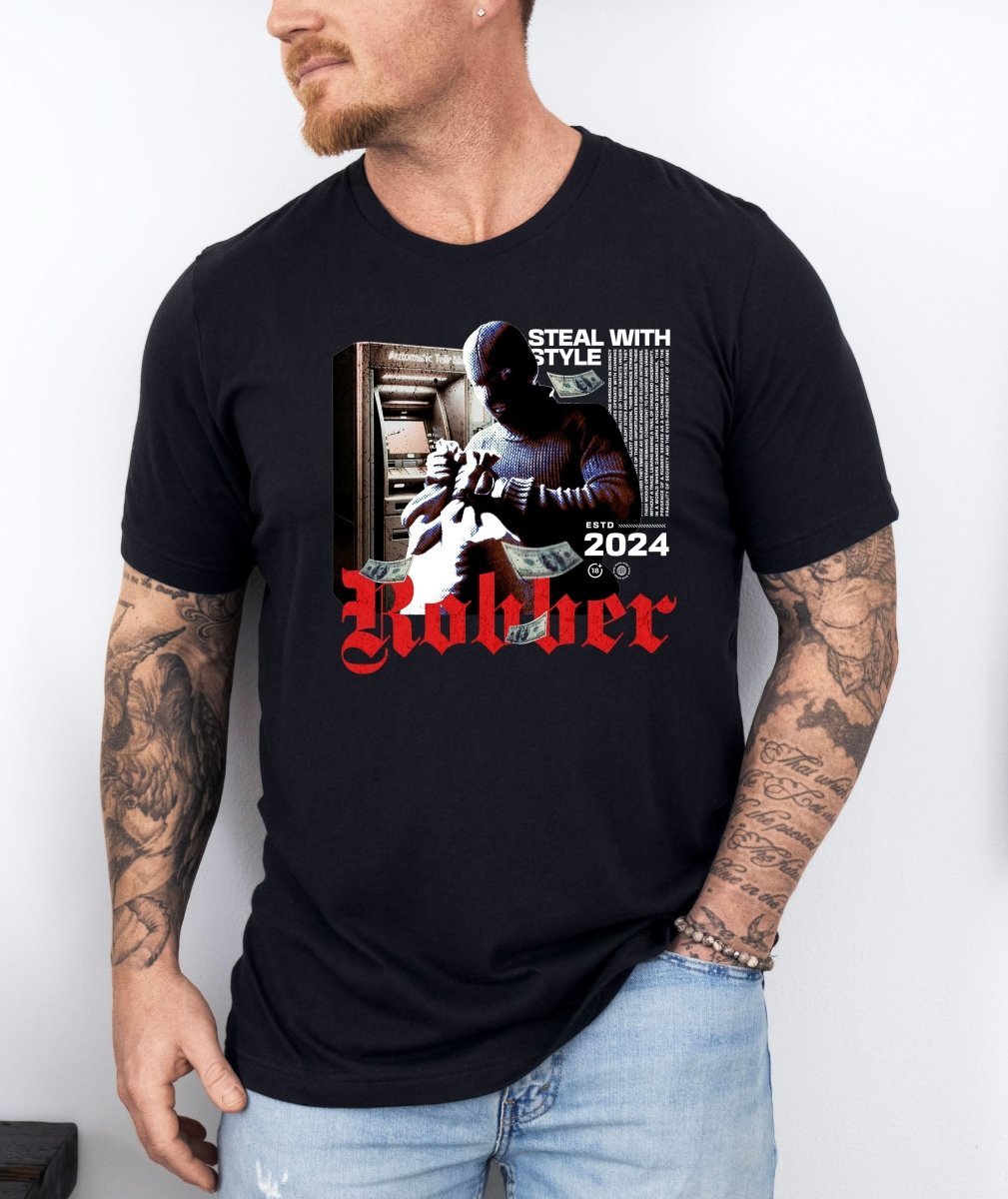 Tricou barbati din bumbac 100% regular fit Urban cu imprimeu ROBBER - S / NEGRU