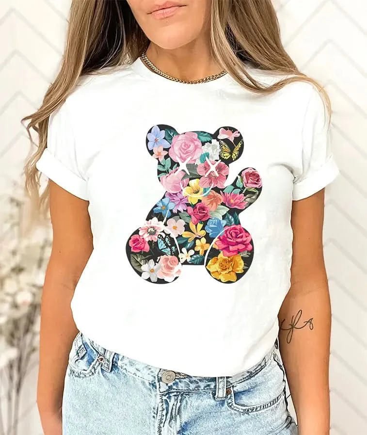 Tricou dama oversize din bumbac 100% cu ursulet FLOWERS BEAR