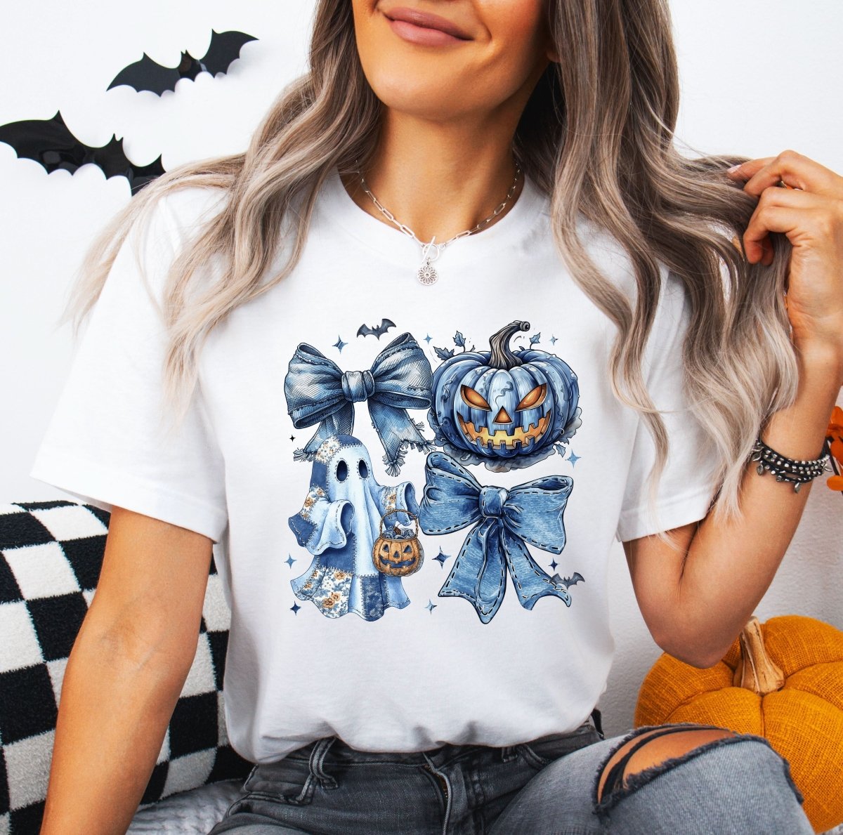 Tricou dama oversize din bumbac 100% de Halloween BLUE HALLOWEEN - M / ALB