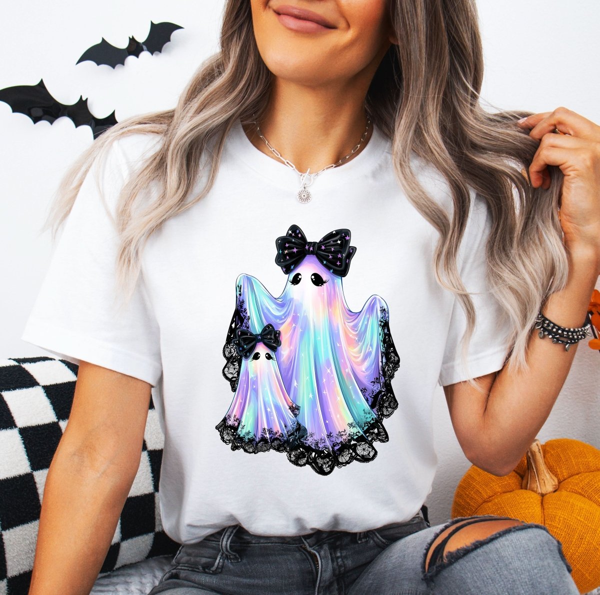 Tricou dama oversize din bumbac 100% de Halloween GHOSTS - L / ALB