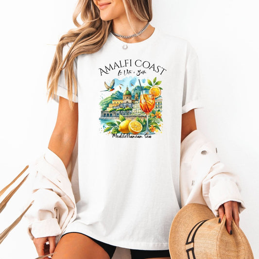 Tricou dama oversize din bumbac 100% Travel cu imprimeu AMALFI