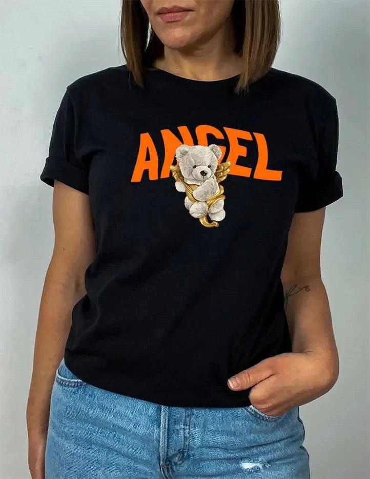 Tricou de dama oversize din bumbac 100% cu ursulet ANGEL - M / NEGRU